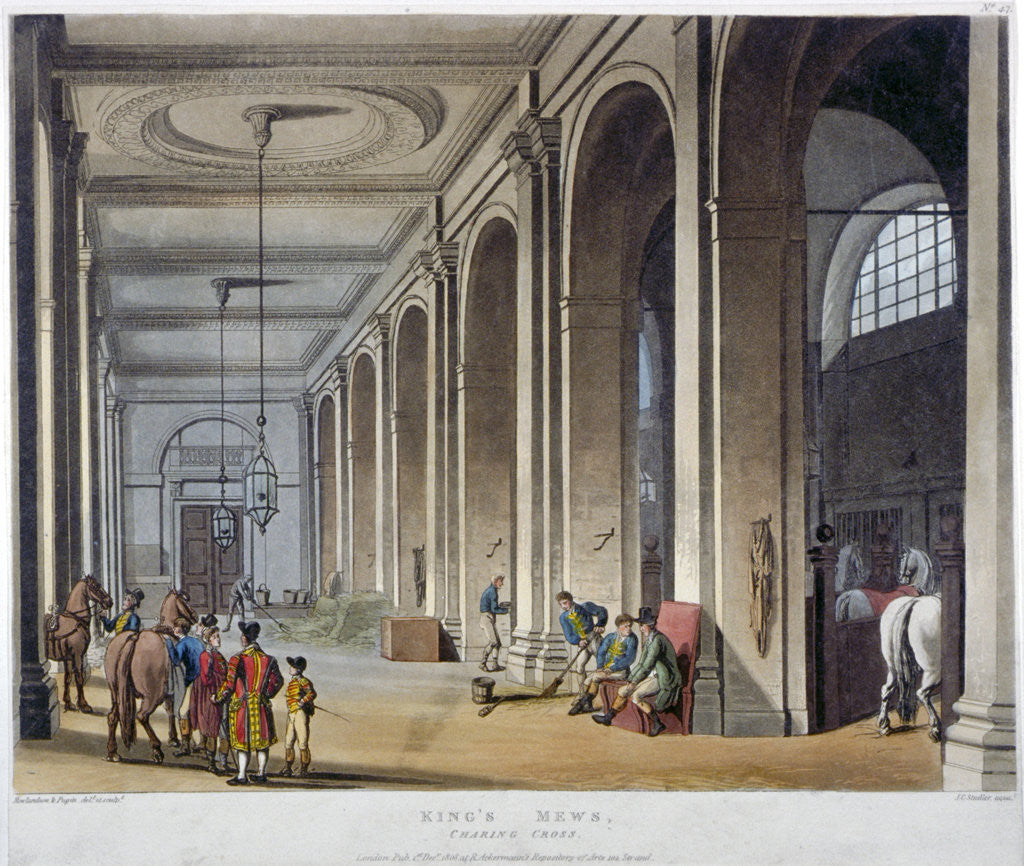 Detail of Interior view of the royal stables, King's Mews, Charing Cross, Westminster, London by Augustus Charles Pugin