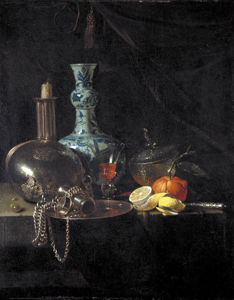 Detail of Still life with a pilgrim flask, candlestick, porcelain vase and fruit by Willem Kalf