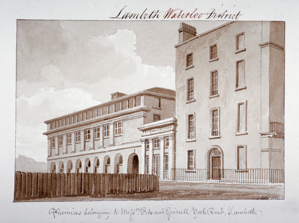 Detail of Premises belonging to builders Peto and Grissell in York Road, Lambeth, London by John Buckler