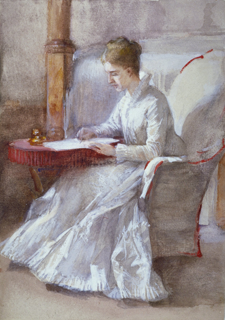 Detail of A Woman in White Writing at a Desk by Anna Lea Merritt