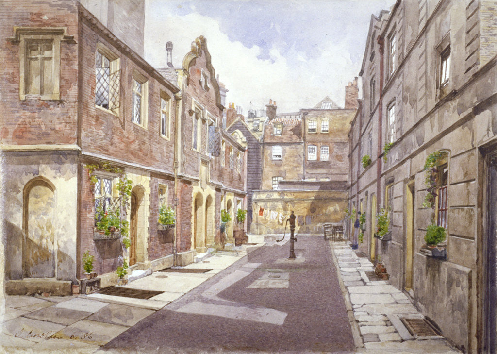Detail of View of almshouses in Cock Court, Jewry Street, City of London by John Crowther