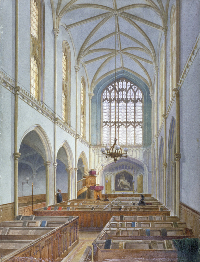 Detail of Interior view of a French Protestant church on St Martin's le Grand, City of London by John Crowther