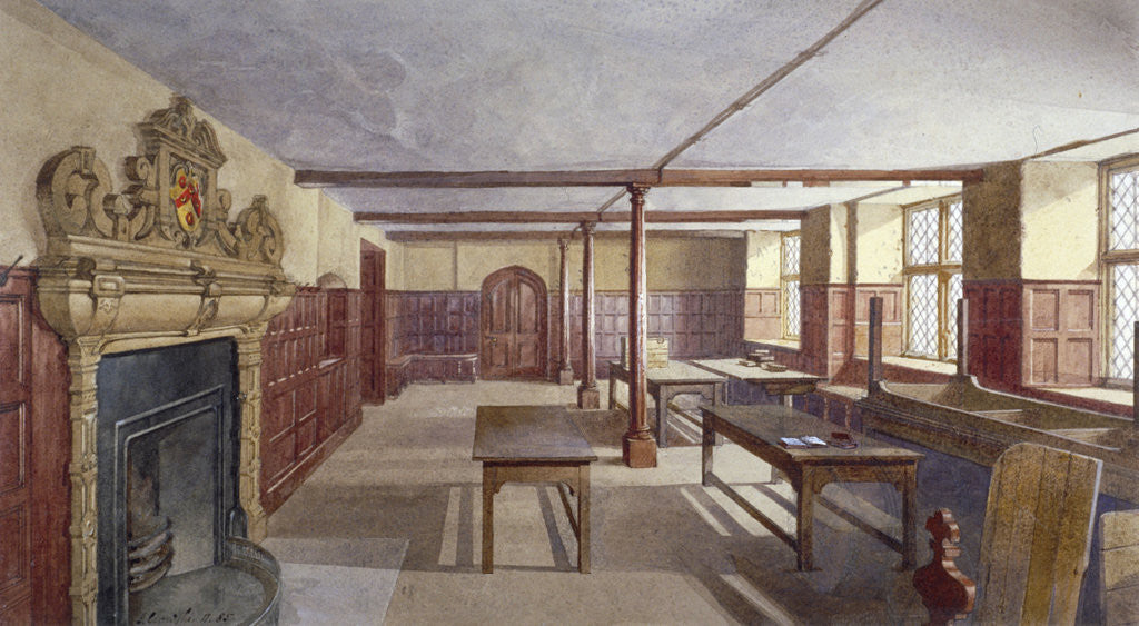 Detail of Interior view of the boys' dining room in Charterhouse, London by John Crowther