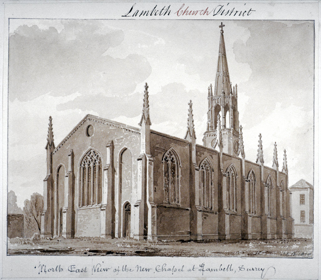 Detail of North-east view of the Church of St Mary the Less, Lambeth Butts, London by John Chessell Buckler