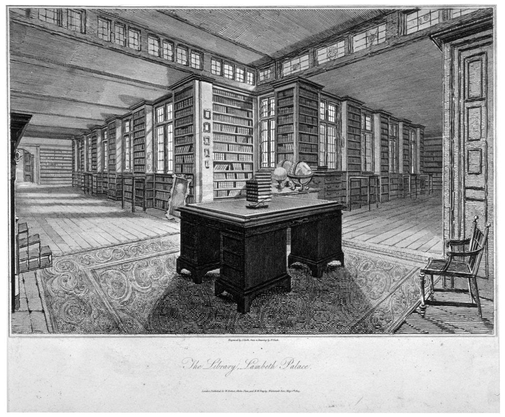 Detail of Interior view of the library at Lambeth Palace, with a desk in the foreground by John Roffe