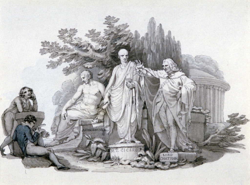 Detail of Two Youths contemplating Statues of Demosthenes, Cicero and Pitt by Edward Francis Burney