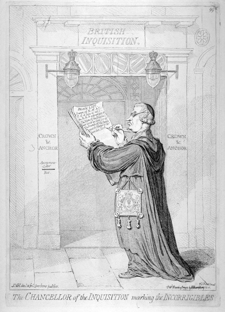Detail of The Chancellor of the Inquisition marking the incorrigibles by James Gillray