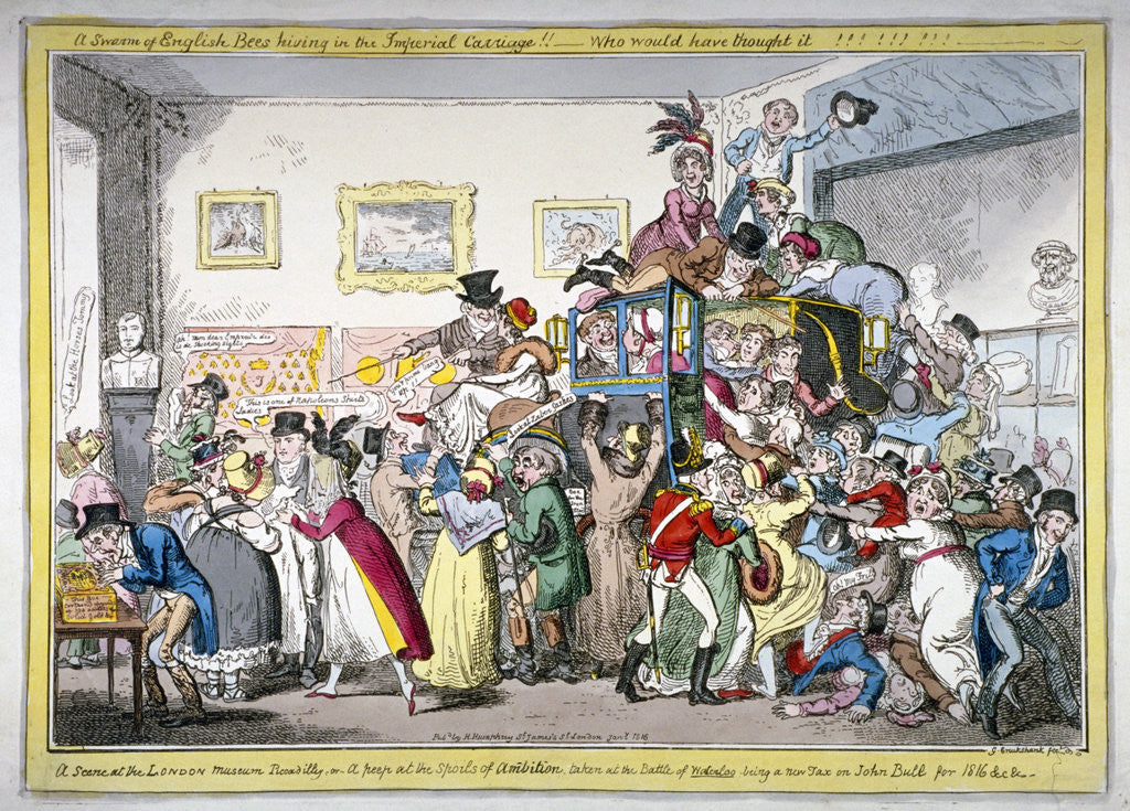 Detail of A swarm of English bees hiving in the Imperial carriage!! a scene at the London Museum by George Cruikshank