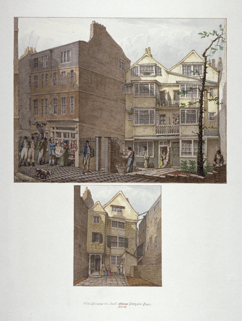 Detail of Two views of 17th century houses in Little Bell Alley, City of London by Robert Blemmell Schnebbelie