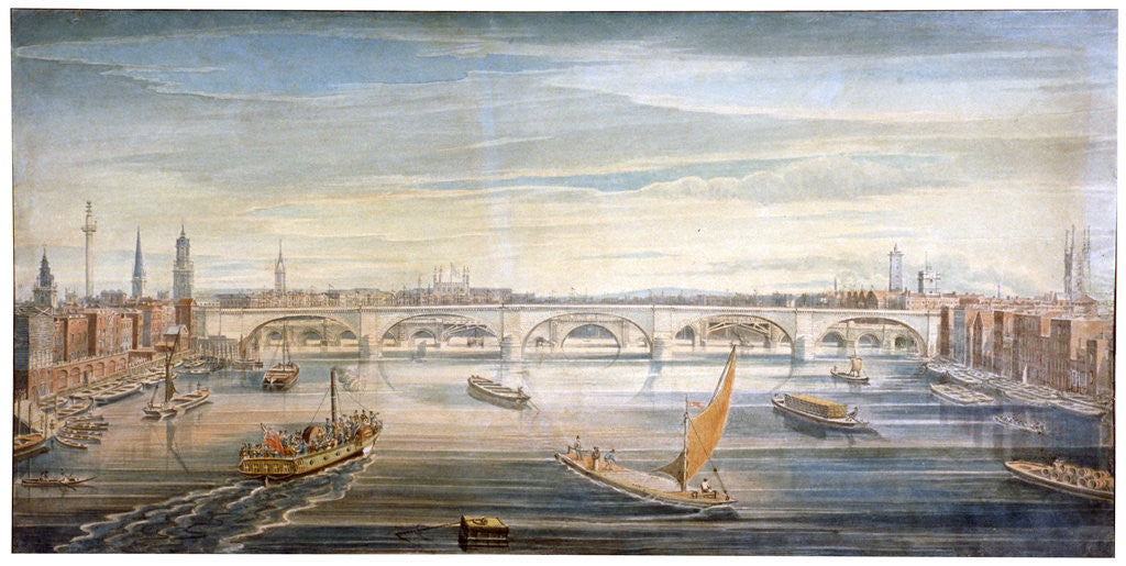 Detail of View of the new London Bridge from the west, with boats and barges on the Thames by G Yates