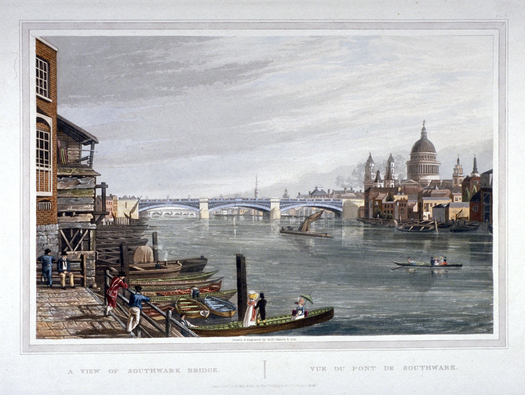 View of the east side of Southwark Bridge, London by Robert Havell