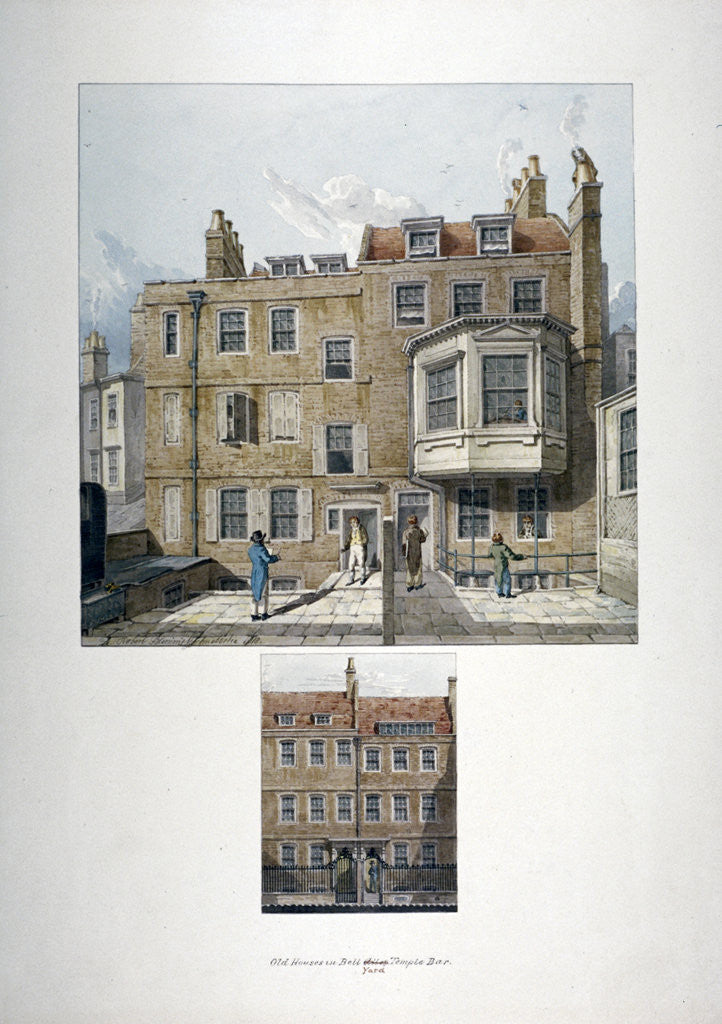 Detail of Two views of houses in Bell Yard, Chancery Lane, London by Robert Blemmell Schnebbelie