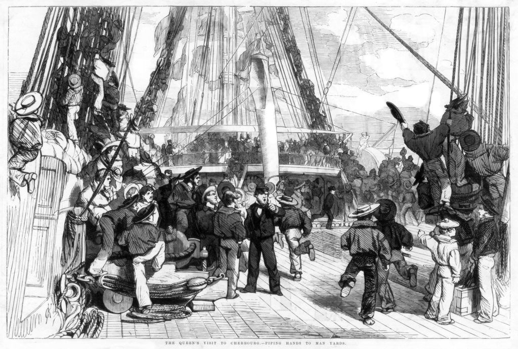 Detail of The Queen's Visit to Cherbourg - Piping Hands to Man Yards by Anonymous