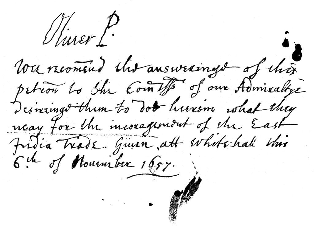 Detail of Autograph note of Oliver Cromwell to a petition of the East India Company by Anonymous