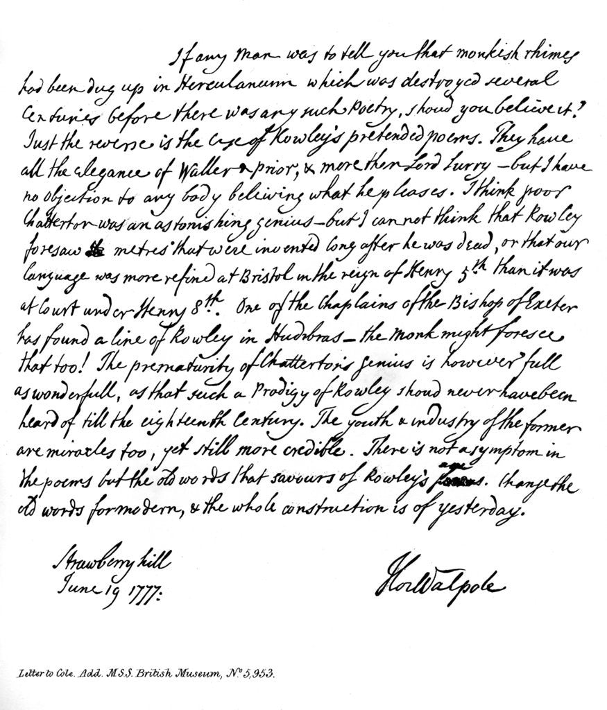 Detail of Part of a letter from Horace Walpole to the Reverend Mr Cole by Horace Walpole