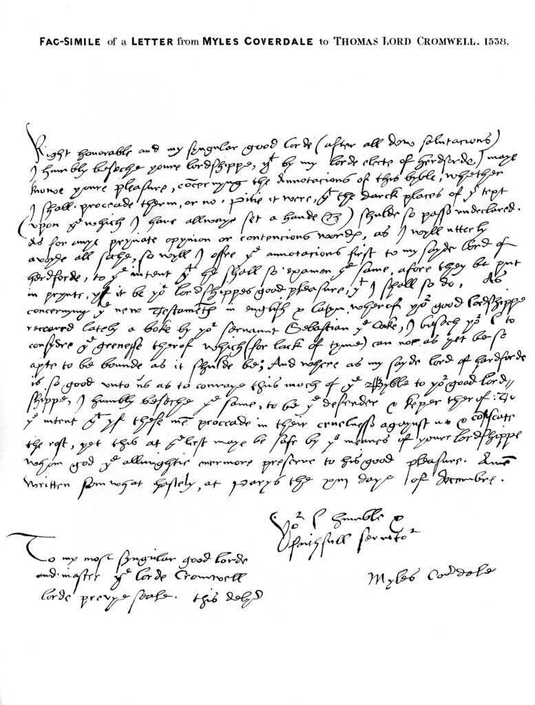 Detail of A letter from Miles Coverdale, Bishop of Exeter, to Thomas Lord Cromwell by Miles Coverdale