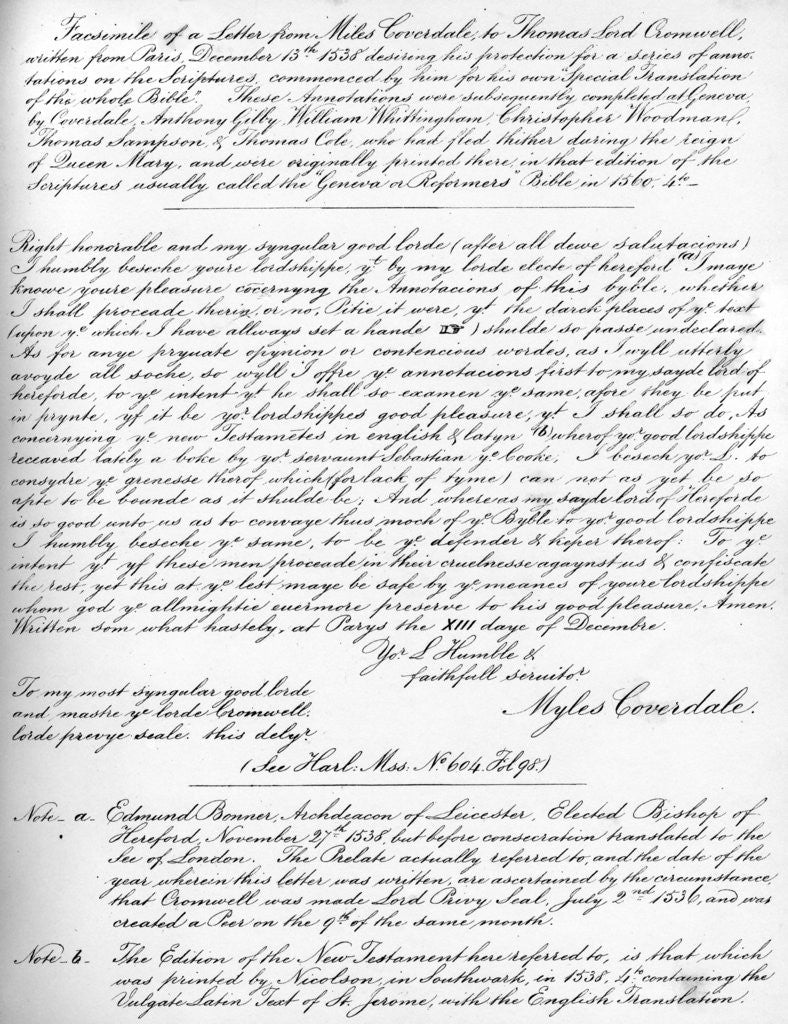 Detail of A letter from Miles Coverdale, Bishop of Exeter, to Thomas Lord Cromwell by Miles Coverdale
