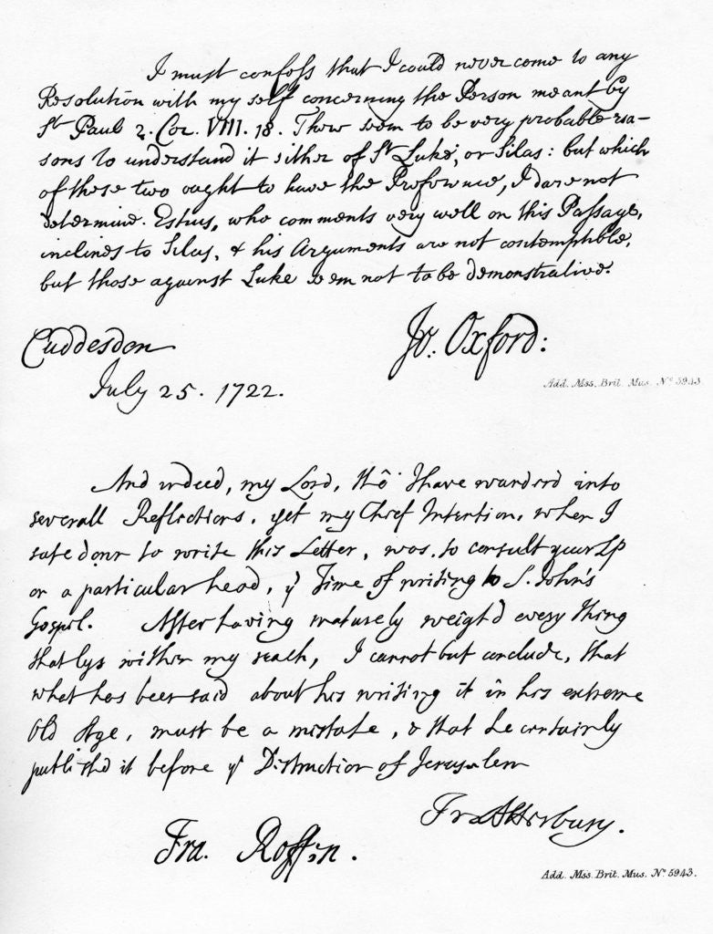 Detail of Letters from Potter, Bishop of Oxford, to Atterbury and Atterbury to Trelawney by Francis Atterbury