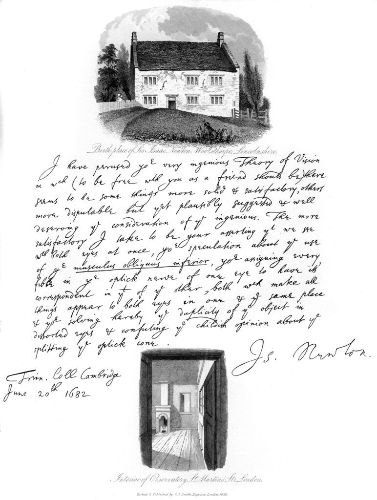 Detail of A letter from Isaac Newton, and a view of his birthplace at Woolsthorpe, Lincolnshire by Isaac Newton