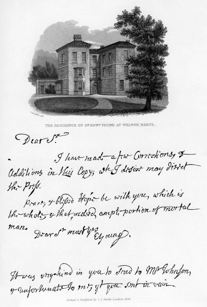 Detail of A letter from Edward Young, and a view of his residence at Welwyn, Hertfordshire by Edward Young