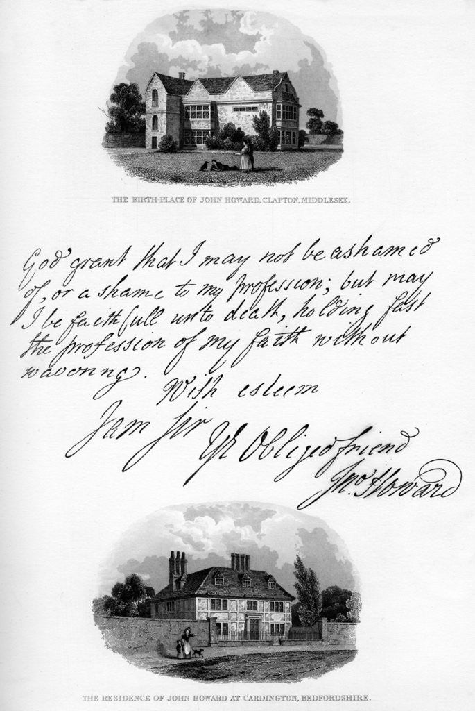 Detail of A letter by John Howard, and a view of his residence at Cardington by John Howard