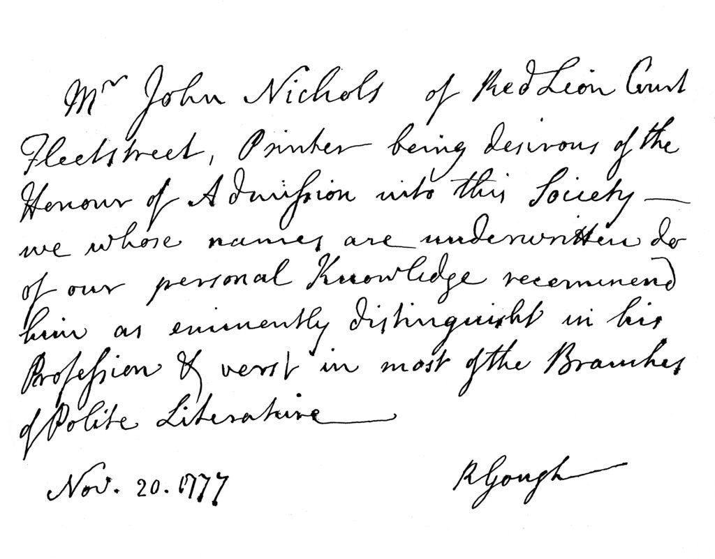 Detail of Certificate for the election of Mr John Nichols to the Society of Antiquaries by Richard Gough