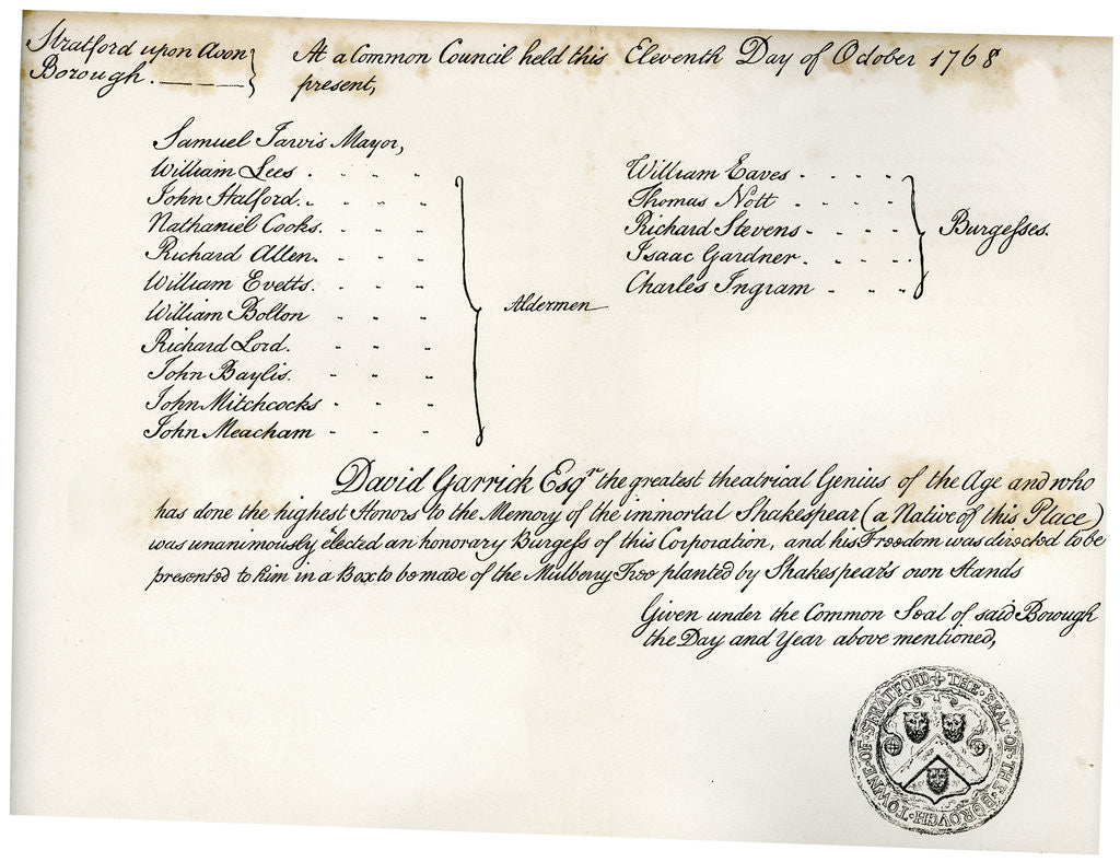 Detail of The Freedom of Stratford-upon-Avon, presented to David Garrick by Anonymous