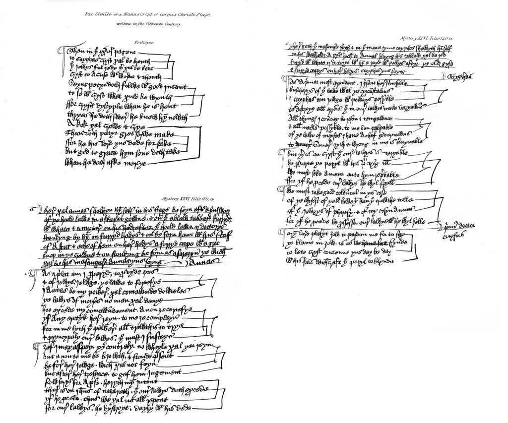 Detail of Prologues and text from the manuscript of Corpus Christi plays by Anonymous