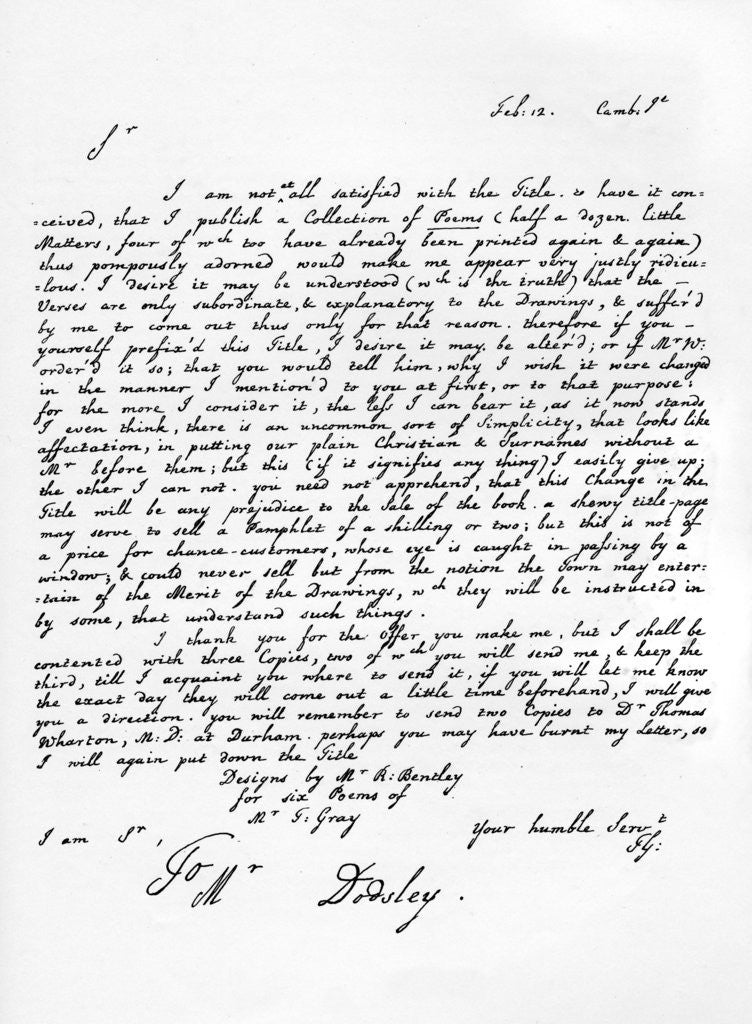 Detail of Letter from Thomas Gray concerning the edition of his poetical pieces by Thomas Gray