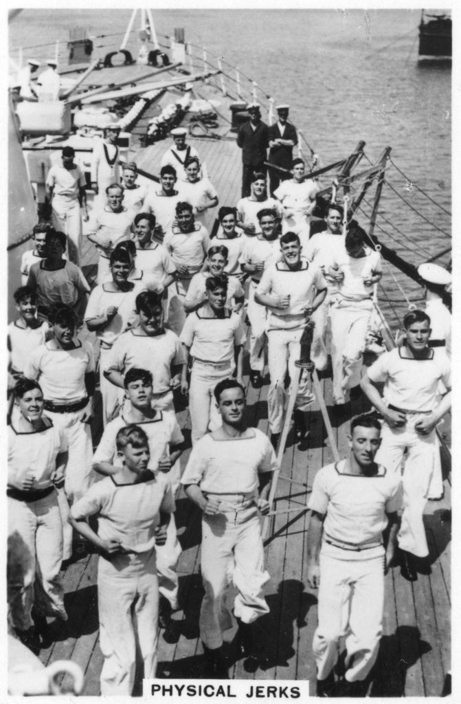 Detail of Physical jerks; exercise on board HMS Devonshire by Anonymous