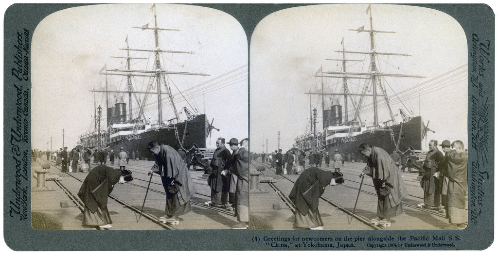 Detail of Greeting for newcomers on the pier alongside the Pacific Mail SS China by Underwood & Underwood