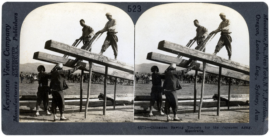 Detail of Chinese men sawing timber for the Japanese army, Manchuria, Russo-Japanese war by Keystone View Company