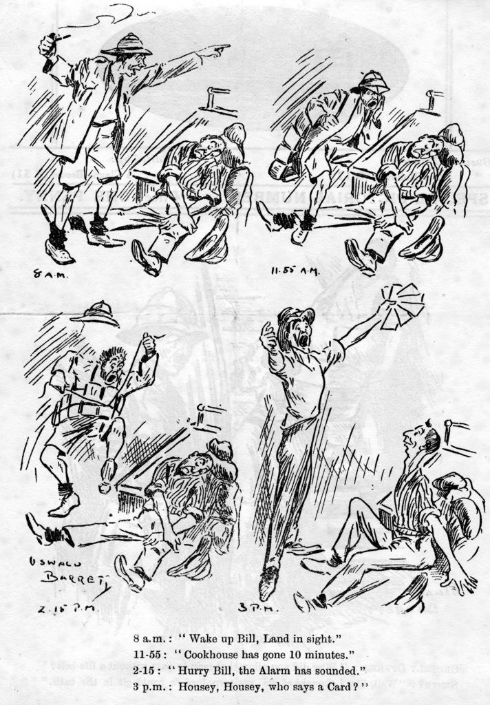 Detail of Cartoon from the ship board paper The Comet, troopship 'RMS Caronia' by Barret