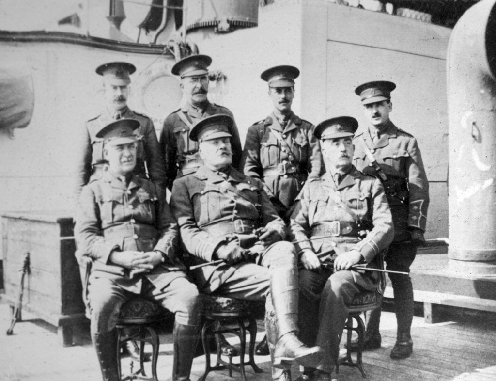 Detail of British officers on prison ship 'Royal Edward' moored just off Southend, November 1914 by Anonymous