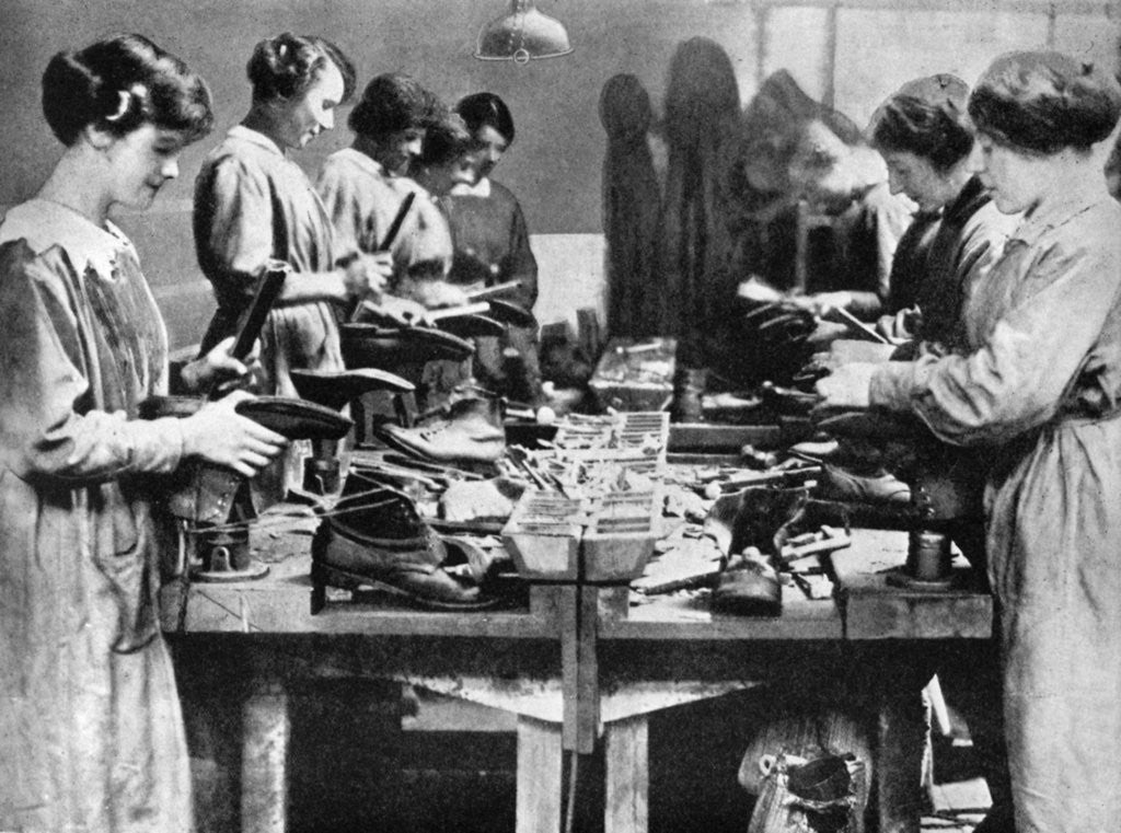 Detail of Women cobblers repairing footwear for the war effort by Anonymous