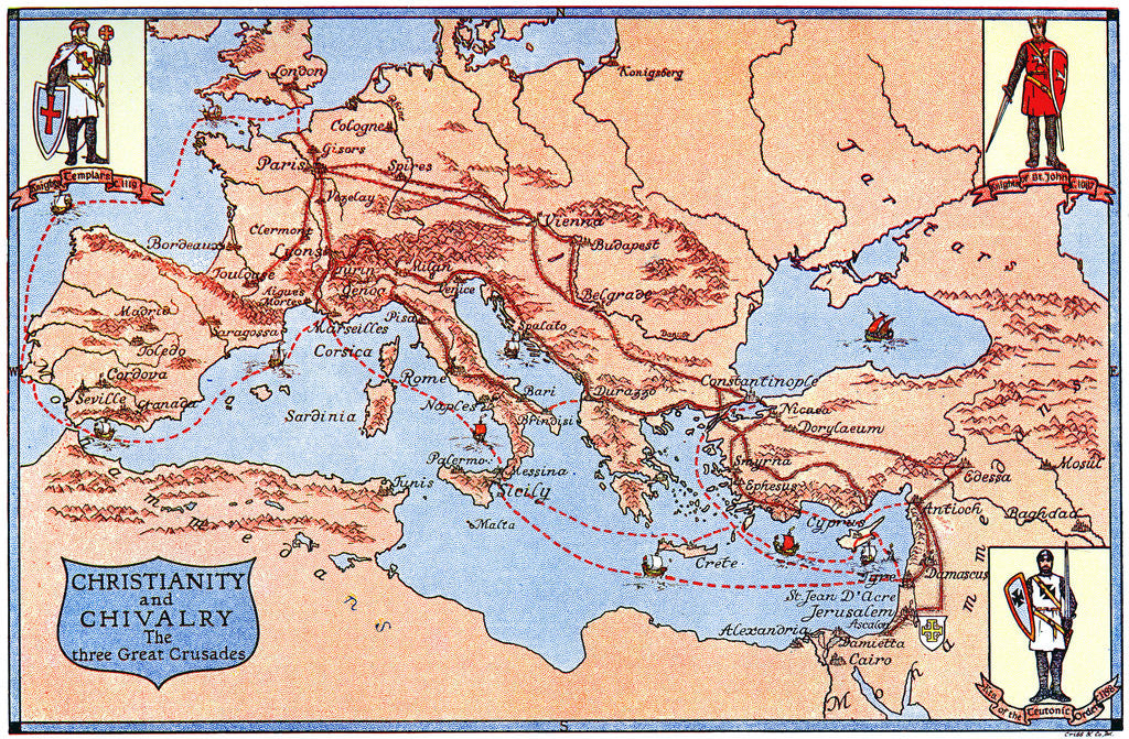 Detail of Map of the routes of the three great crusades by Criss