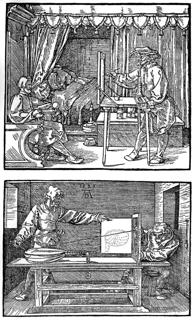 Detail of Apparatus for translating three-dimensional objects into two-dimensional drawings by Albrecht Dürer