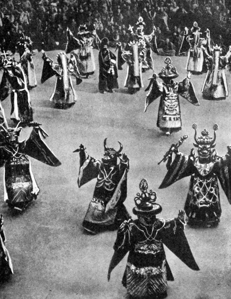 Detail of Masked dancers, Tibet by Ewing Galloway