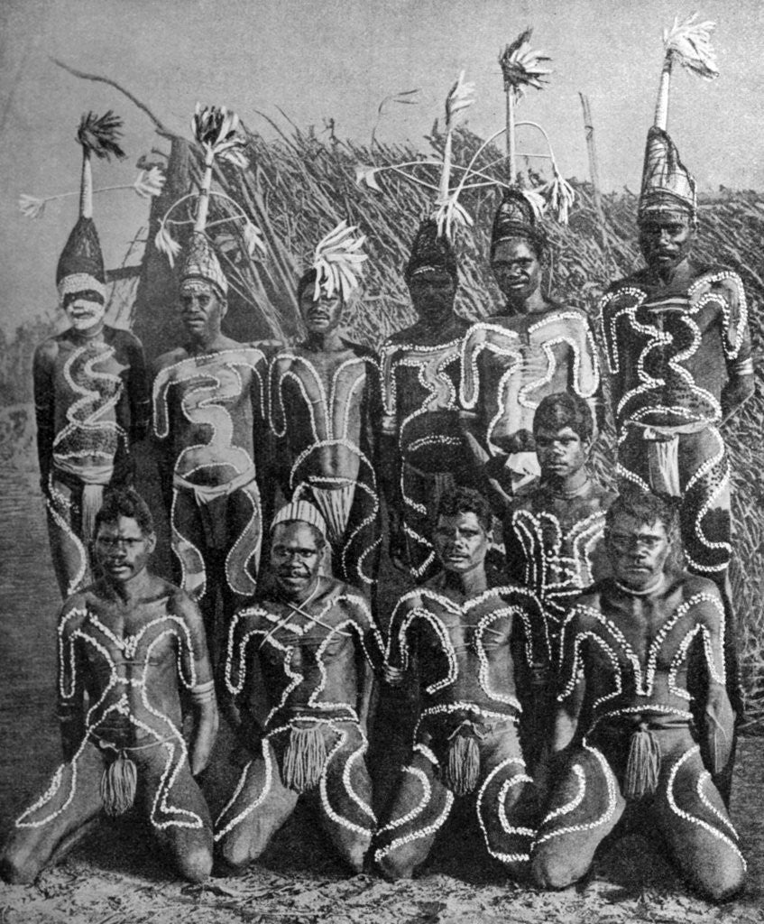 Detail of Men of the 'Never Never land', in totem attire, Australia by PJ MacMahon