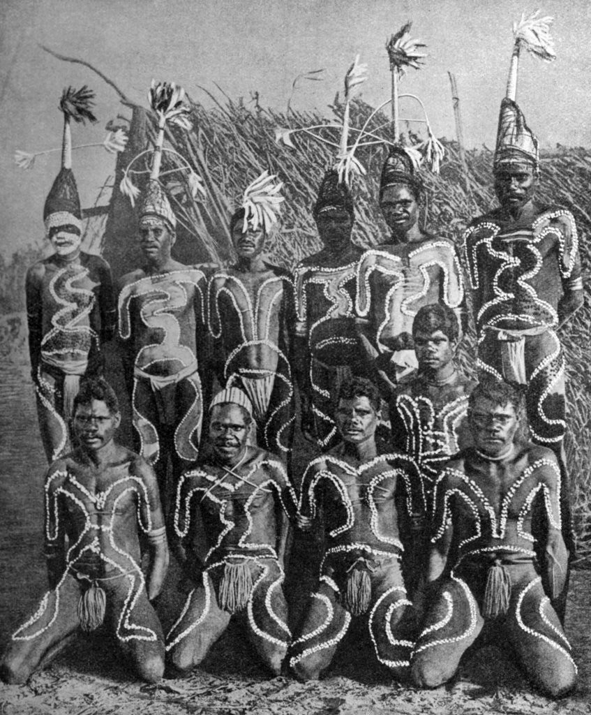 Detail of Men of the 'Never Never land', in totem attire, Australia by PJ MacMahon