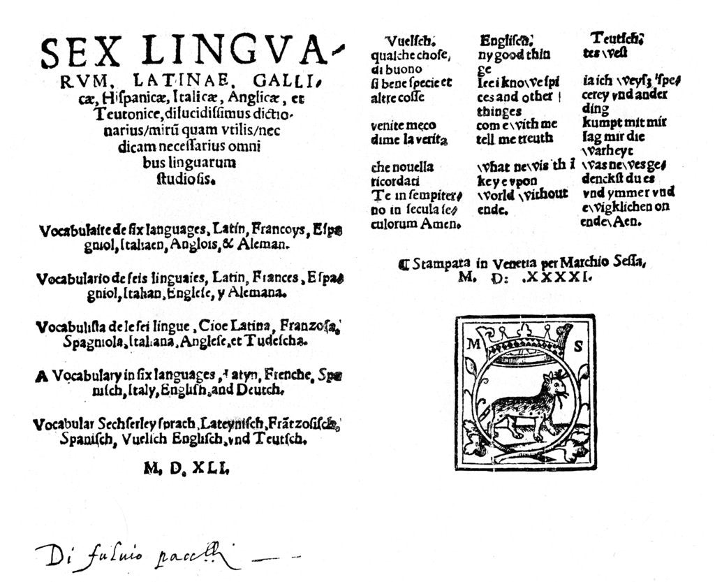 Detail of Hexaglot traveller's dictionary by Melchiorre Sessa