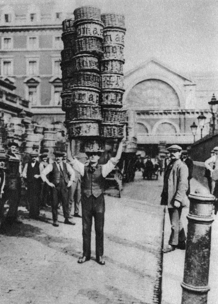 Detail of A man carrying many baskets on his head, Covent Garden, London by Anonymous