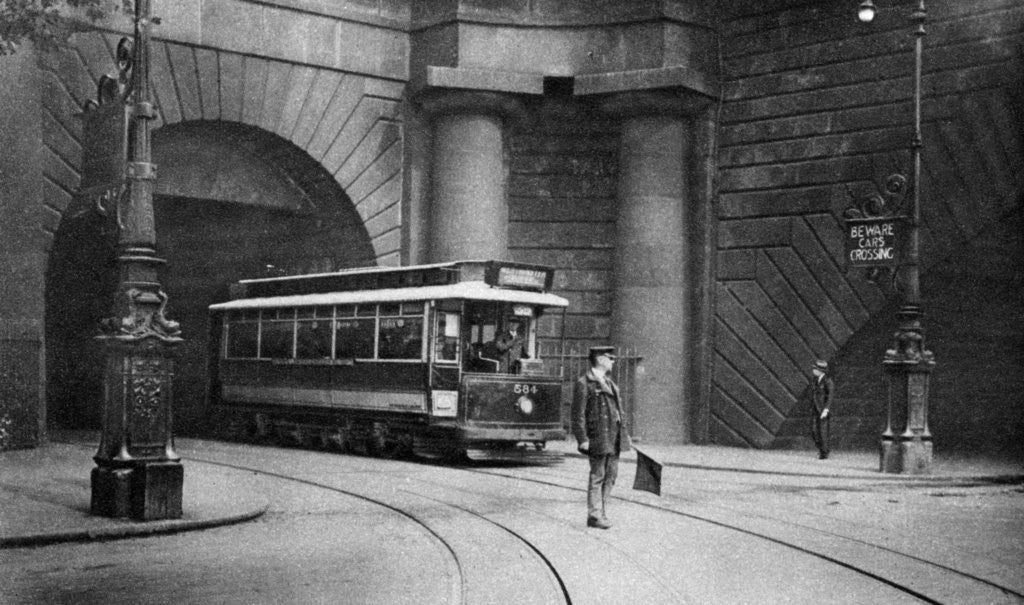 Detail of A tram running beneath Kingsway, Aldwych and Somerset House, London by Anonymous
