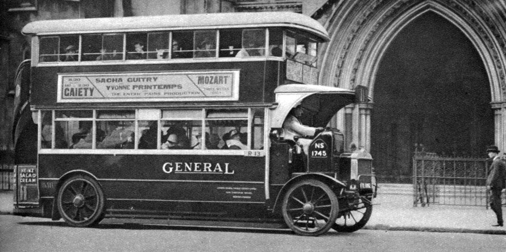 Detail of A double-decker bus standing outside the Law Courts, London by Anonymous