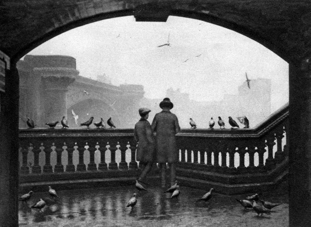 Detail of A man and a boy feeding the birds by Blackfriars Bridge, London by Anonymous