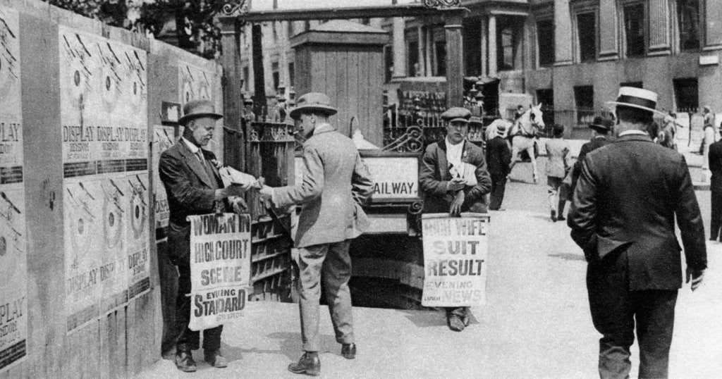 Detail of The lunchtime newspaper paper headlines, Trafalgar Square, London by Anonymous