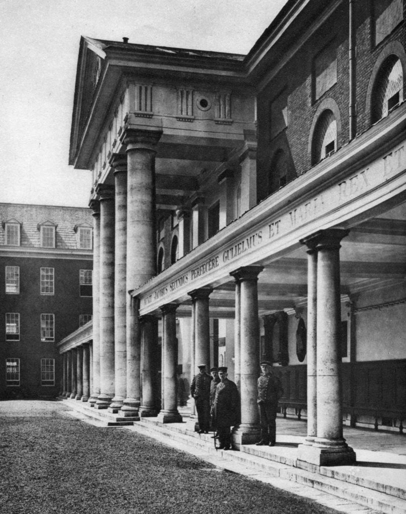 Detail of Pensioners in the great quadrangle of Chelsea Royal Hospital, London by Taylor