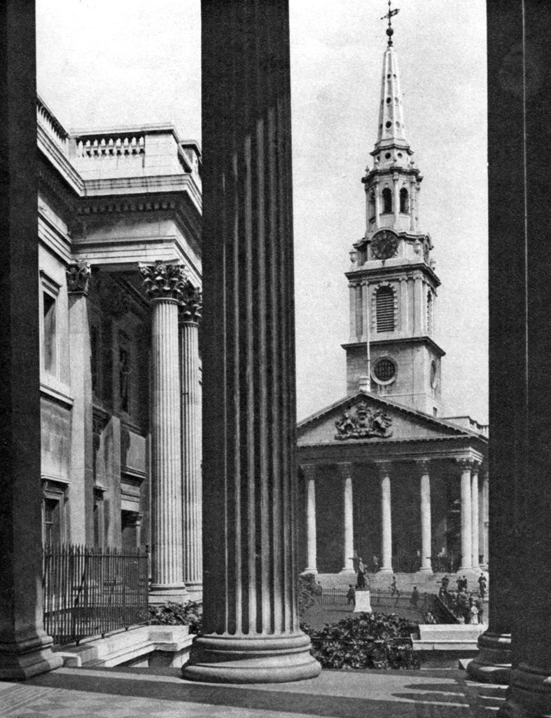 Detail of St Martin-in-the-Fields seen between the columns of the National Gallery, London by McLeish
