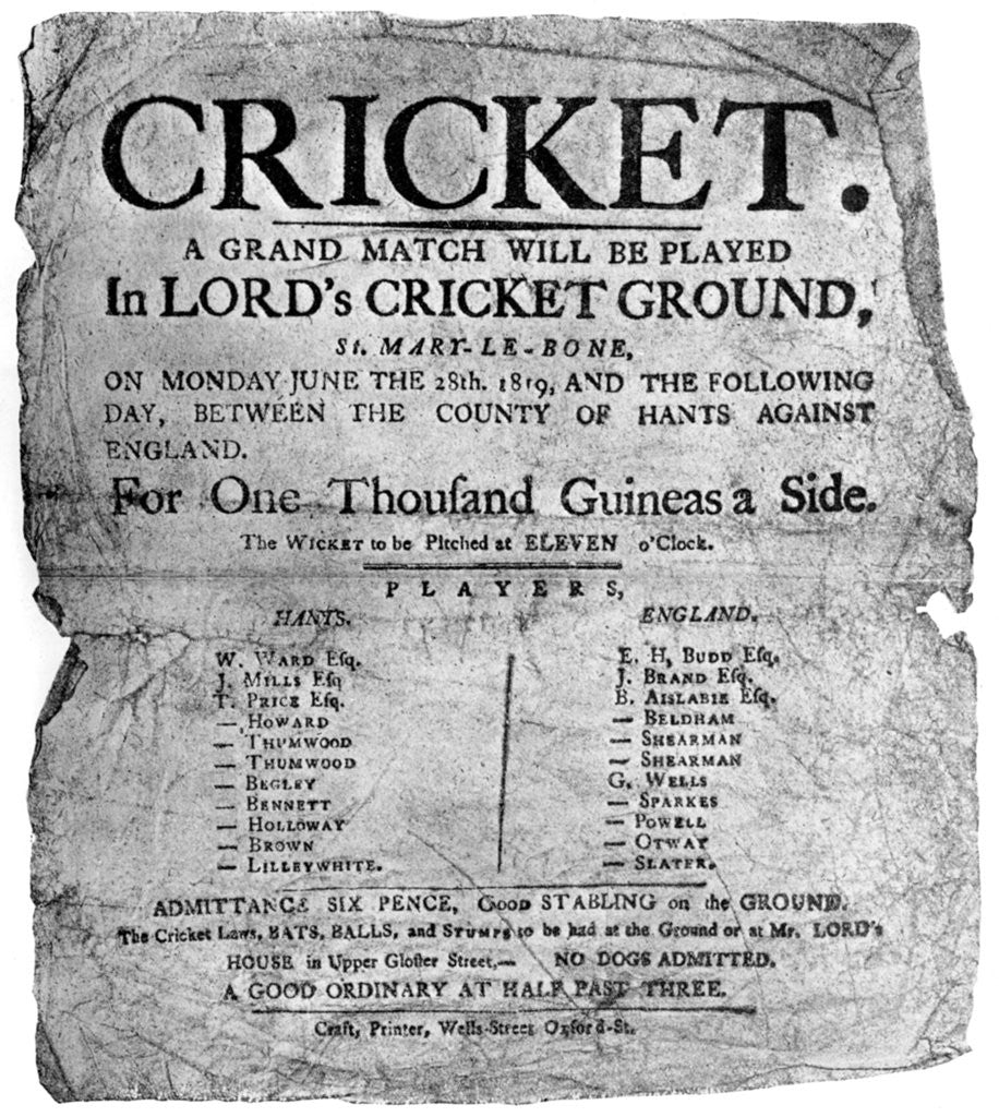 Detail of Flyer advertising a cricket match between Hampshire and England, 1819 ( by Anonymous