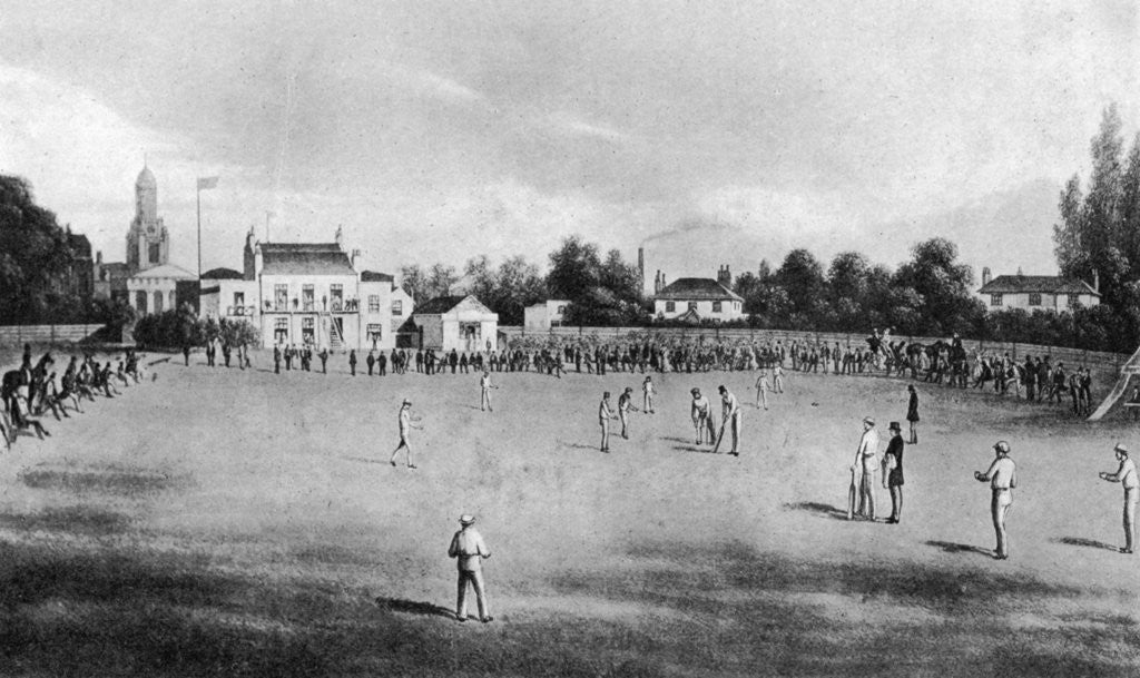 Detail of A cricket match in progress at Kennington Oval, London by Anonymous